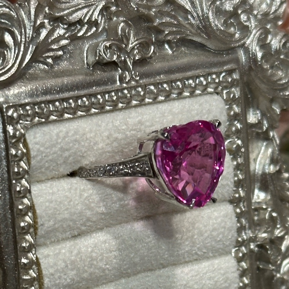 11ct Heart Pink Sapphire Ring White Gold plated over Sterling Silver - Picture 2 of 8